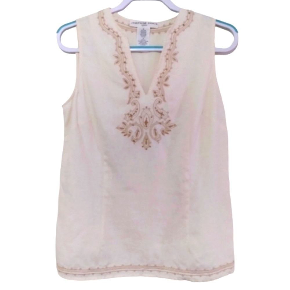 Josephine Chaus | Linen Cream Color Sleeveless Embroidered & Beaded Top
